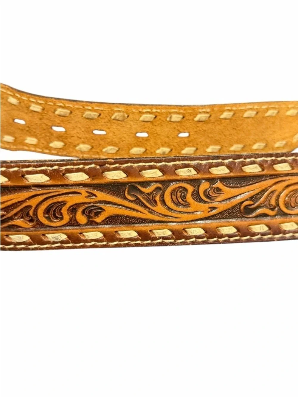 1981 Ethyl Buckle Tooled Leather Belt Laced Edges Marked Top Grain Cowhide Sz 38